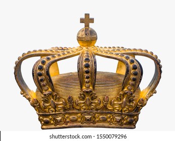 Golden Crown Isolated On White Background. An Old Worn Gold Crown. Shabby Aged Gilding Of The Royal Crown. Symbol Of King Power. Vintage. 