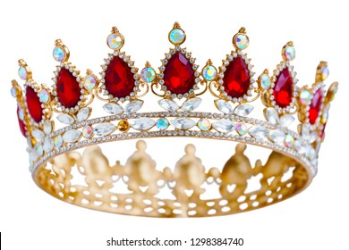 Golden crown with red and white diamonds.  Gold tiara for princess. Expensive jewelry. Decoration for king or queen, magic crown isolated on white background, close up               - Shutterstock ID 1298384740