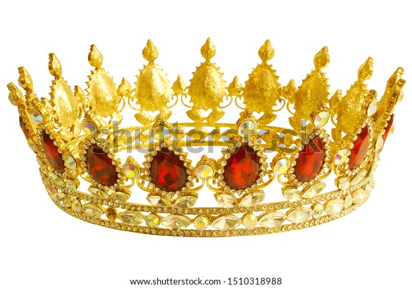 赤と白のダイヤモンドを持つ金色の冠 お姫様のための金のティアラ 高価な宝石 白い背景に魔法の冠 被写界の深さ全体の王または女王の装飾 の写真素材 今すぐ編集