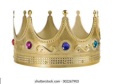 Golden crown replica with gem stones isolated on white background.