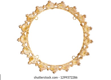 Golden Crown Top View.  Gold Tiara For Princess. Expensive Jewelry. Can Be Used As Frame. Decoration For King Or Queen, Magic Crown Isolated On White Background, Full Depth Of Field