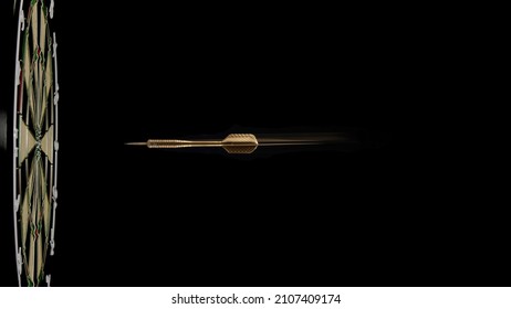 Golden dart arrow flying towards the bullseye of a dart board against a black background