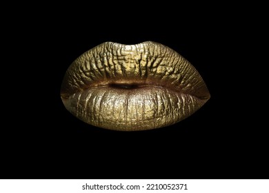 Golden Design. Golden Lipstick Closeup. Lips With Metal Makeup. Sexy Lips, Metallic Lipstick Close Up.