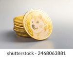 Golden dogecoin coin. Cryptocurrency dogecoin. Doge cryptocurrency on the gray background.