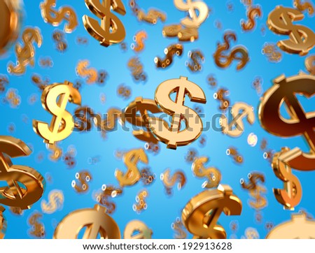 Golden dollar signs falling on the blue background.