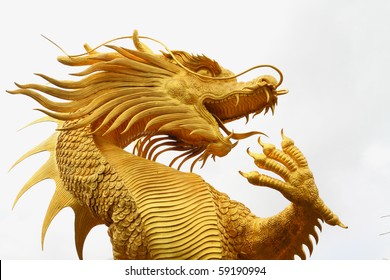 Golden dragon statue in chinese temple in Chonburi province Thailand.