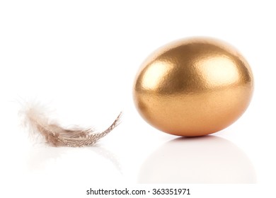 Golden Egg And Feather Isolated On White Background