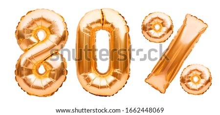 Golden eighty percent sign made of inflatable balloons isolated on white. Helium balloons, gold foil numbers. Sale decoration, black friday, discount concept. 80 percent off, advertisement message.