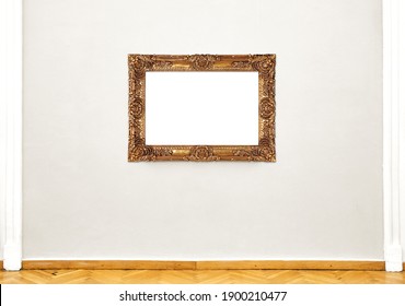 Golden Empty Painting Frame Hanging On Exhibition Wall, Front View Museum Exposition