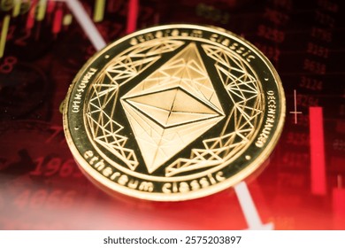 Golden Ethereum Coin on Futuristic Digital Technology Background