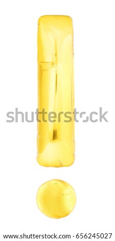 Golden exclamation point symbol made of inflatable air balloon isolated on white background