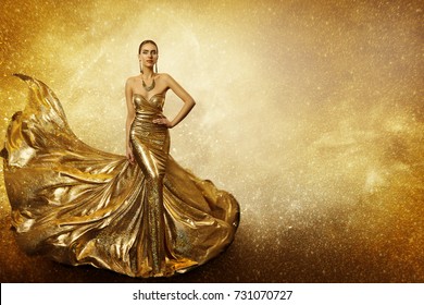 Golden Fashion Model, Elegant Woman Flying Gold Dress, Waving Sparkling Gown Fabric