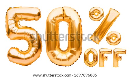 Golden fifty percent sale sign made of inflatable balloons isolated on white. Helium balloons, gold foil numbers. Sale decoration, black friday, discount concept. 50 percent off, advertisement.
