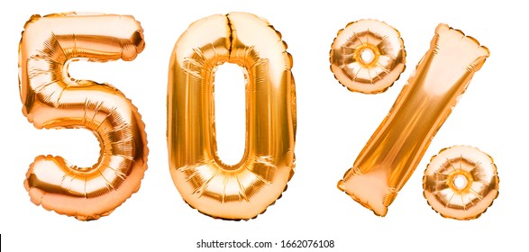 Golden fifty percent sign made of inflatable balloons isolated on white. Helium balloons, gold foil numbers. Sale decoration, black friday, discount concept. 50 percent off, advertisement message. - Powered by Shutterstock
