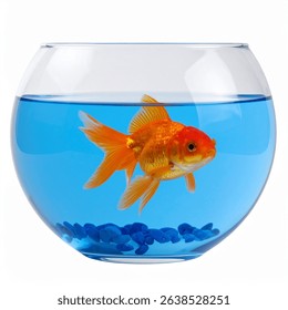 Golden fish bowl png blue water small fish aquarium png white background