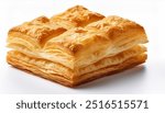 Golden, flaky layers of puff pastry, isolated on a white background, showcasing its light and airy texture.