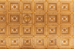 Golden Floral Decoration From The Ceiling In The Patriarchal Basilica Of St. Mary Major. Rome, Italy