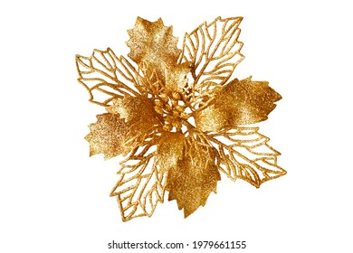 Golden flower white background isolated close up, beautiful single gold flower, yellow metal flower, floral pattern, Christmas tree decoration, New Year decor, luxury vintage decorative design element - Shutterstock ID 1979661155