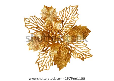 Golden flower white background isolated close up, beautiful single gold flower, yellow metal flower, floral pattern, Christmas tree decoration, New Year decor, luxury vintage decorative design element