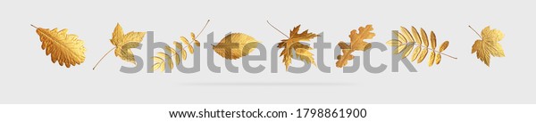 Golden flying autumn leaves of different shapes on\
light gray background. Autumn concept, fall background. Minimal\
floral design, autumn leaf frame. Golden twig. Autumn creative\
composition. Banner