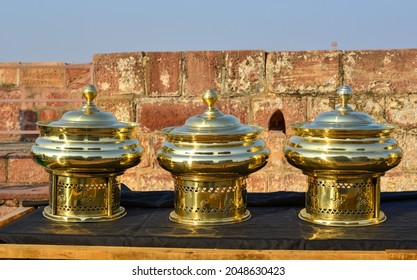 Golden Food Trays At Outdoor Buffet Of Luxury Restaurant In New Delhi, India.