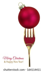 Golden Fork With Christmas Food Ball Isolated On White Background