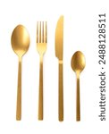 Golden fork, knife and spoons on white background. Top view