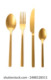 Golden fork, knife and spoons on white background. Top view