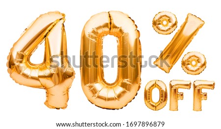 Golden forty percent sale sign made of inflatable balloons isolated on white. Helium balloons, gold foil numbers. Sale decoration, black friday, discount concept. 40 percent off, advertisement.