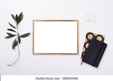 Golden Frame Mock-up On White Tabletop