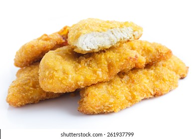 Golden Fried Chicken Strips On White.