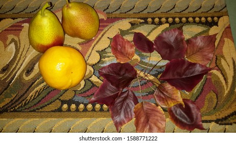 Golden Fruit And Purple Leaves On Antique Tapestry Table Runner.