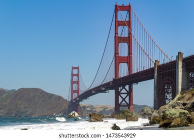 Golden Gate Bridge In The City Of San Francisco, California, USA, The Most Famous And Recognizable Bridge In The World, A View From An Unusual Angle In Clear Sunny Weather Against A Blue Sky, One Of