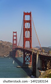 Golden Gate Bridge In The City Of San Francisco, California, USA, The Most Famous And Recognizable Bridge In The World, A View From An Unusual Angle In Clear Sunny Weather Against A Blue Sky, One Of