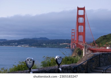 Golden Gate Bridge and coin operated binoculars at the viewpoint - Powered by Shutterstock