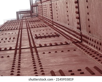 Golden gate bridge construction in detail, San Francisco, rivets and bolts, beams, steel ropes, civil engineering