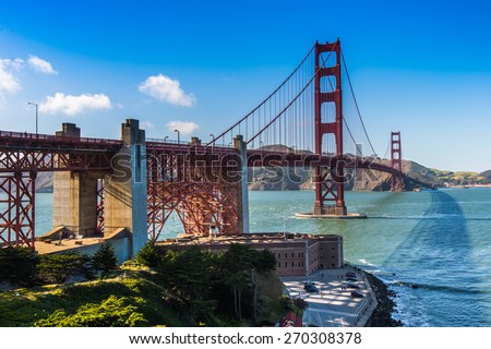 Golden Gate Bridge during a sunny day from Fort Point
