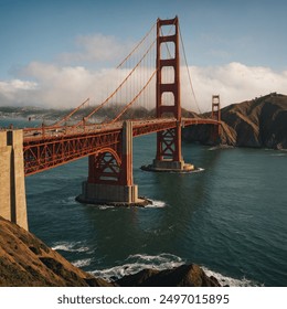 The Golden Gate Bridge is an iconic suspension bridge spanning the Golden Gate strait, connecting San Francisco to Marin County. Renowned for its striking orange color . - Powered by Shutterstock