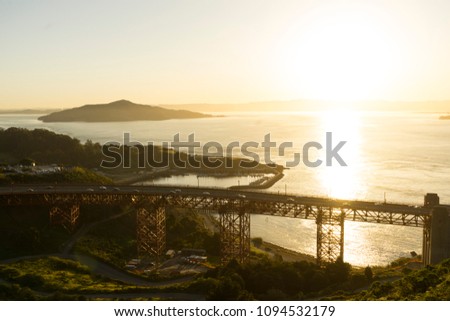 Golden Gate Bridge over looking Fort Baker at sunrise in San Francisco