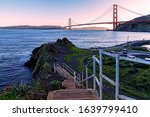 The Golden Gate Bridge in San Francisco at sunset, evening, twilight, photographed Battery Yates, in Marin County, near Fort Baker.