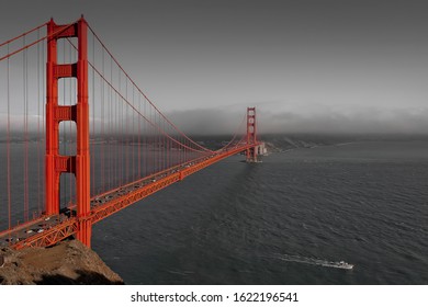 Golden Gate bridge, San Francisco, California, USA.In the foreground, a motor boat floating on the Bay - Powered by Shutterstock