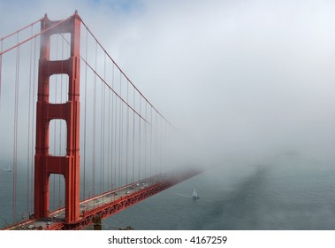 The Golden Gate Bridge in San Francisco, California in a heavy fog.