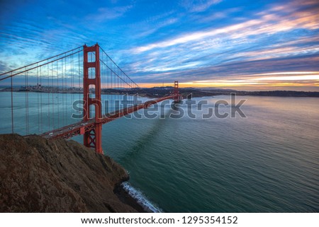 Golden Gate Bridge, San Francisco CA USA. Sunset sky at San Francisco, California
