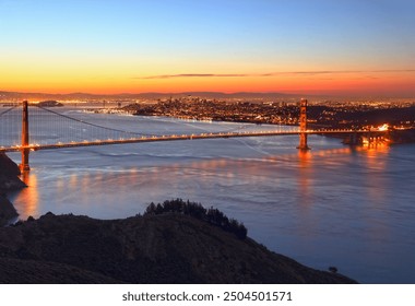 Golden Gate Bridge and skyline of San Francisco at sunrise, California, USA - Powered by Shutterstock