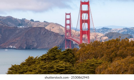 The Golden Gate Bridge spans the water with red orange towers, set against Marin County's hills. Lush greenery frames the iconic structure. - Powered by Shutterstock