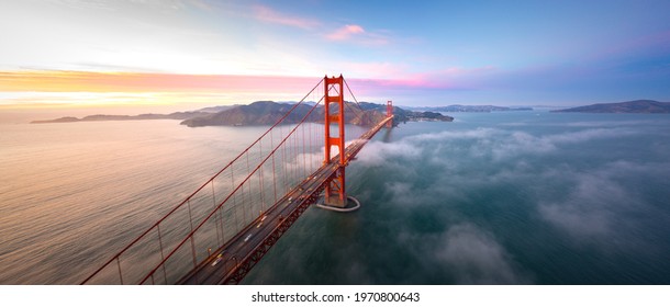 Golden Gate Bridge At Sunset Aerial View, San Francisco , California