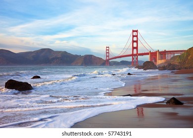 Golden Gate Bridge at Sunset Seen from Marshall Beach, San Francisco.