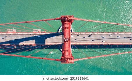 Golden Gate Bridge Top Down Aerial Drone View of cables with cars - Powered by Shutterstock