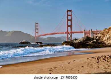 Golden Gate Bridge view from Baker Beach. Pacific coast landscape. San Francisco, California, USA