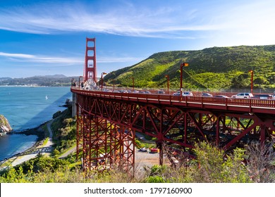 Golden Gate bridge View Vista point with beautiful blue sky landscape in San Francisco North California USA West Coast of Pacific Ocean, United States Landmark Travel Destination and cityscape concept